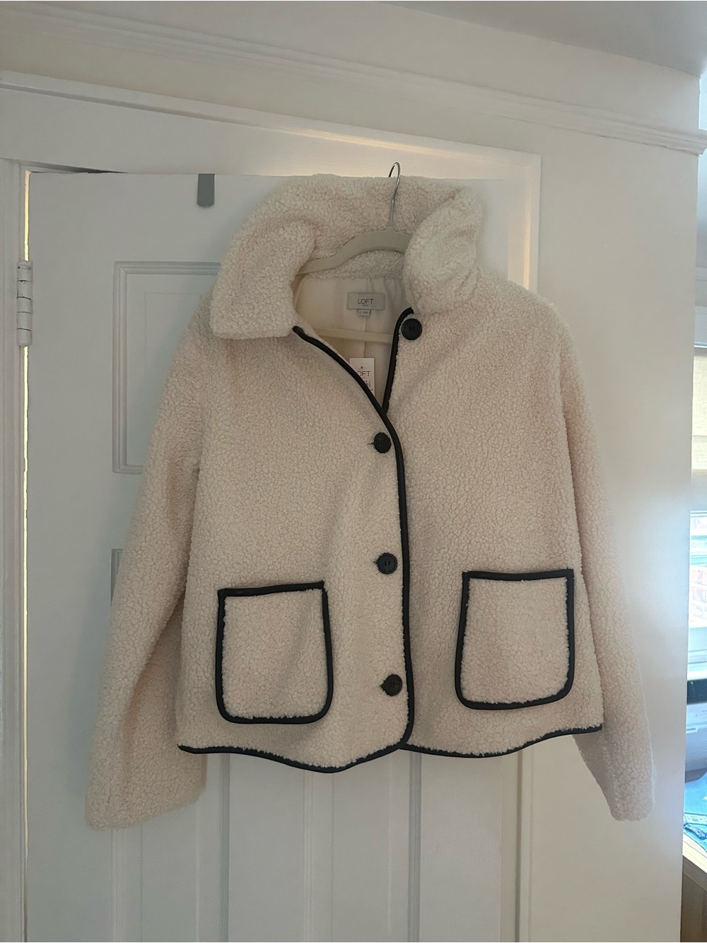 LOFT Cream Sherpa Jacket with Contrast Trim
